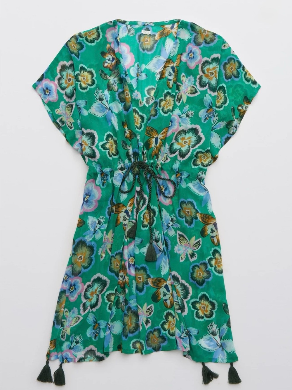 M/L Aerie Chiffon Cover Up Beach Coastal Floral Botanical Pool Summer Tassel - Picture 2 of 8